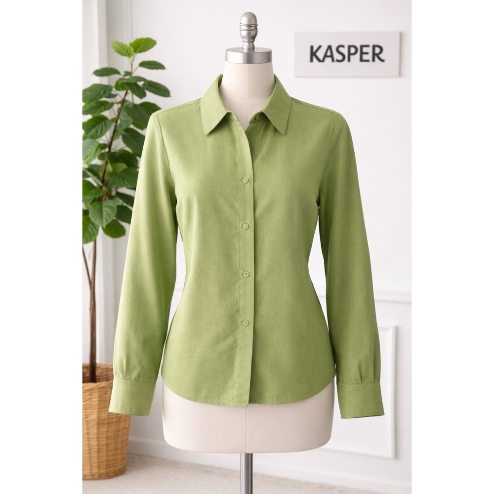 Kasper Green Linen Blend Button Front Blouse Womens Size 6 New with Tags Classic